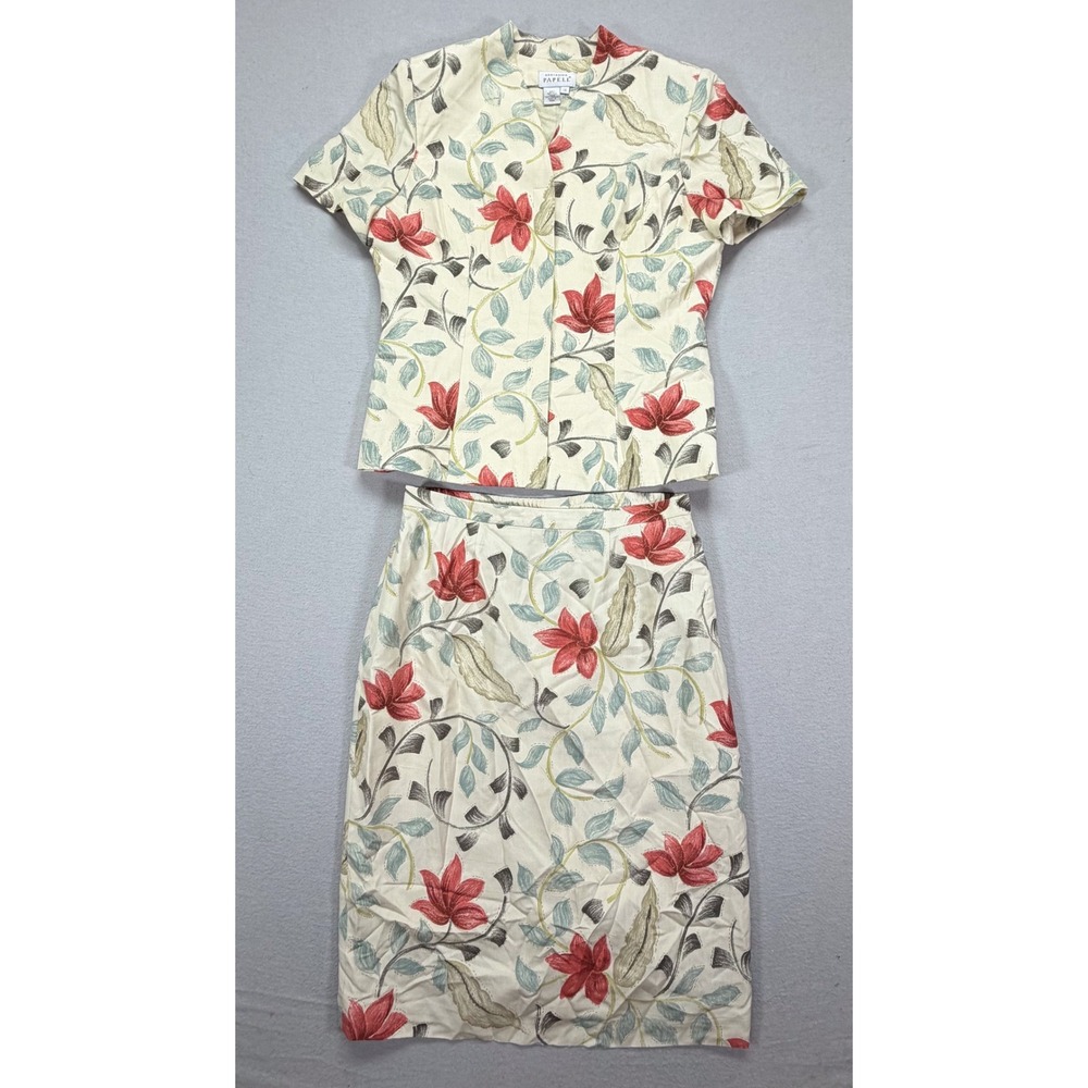 Adrianna Papell Women Skirt Set Regular Cream Red Floral Silk Vintage 14